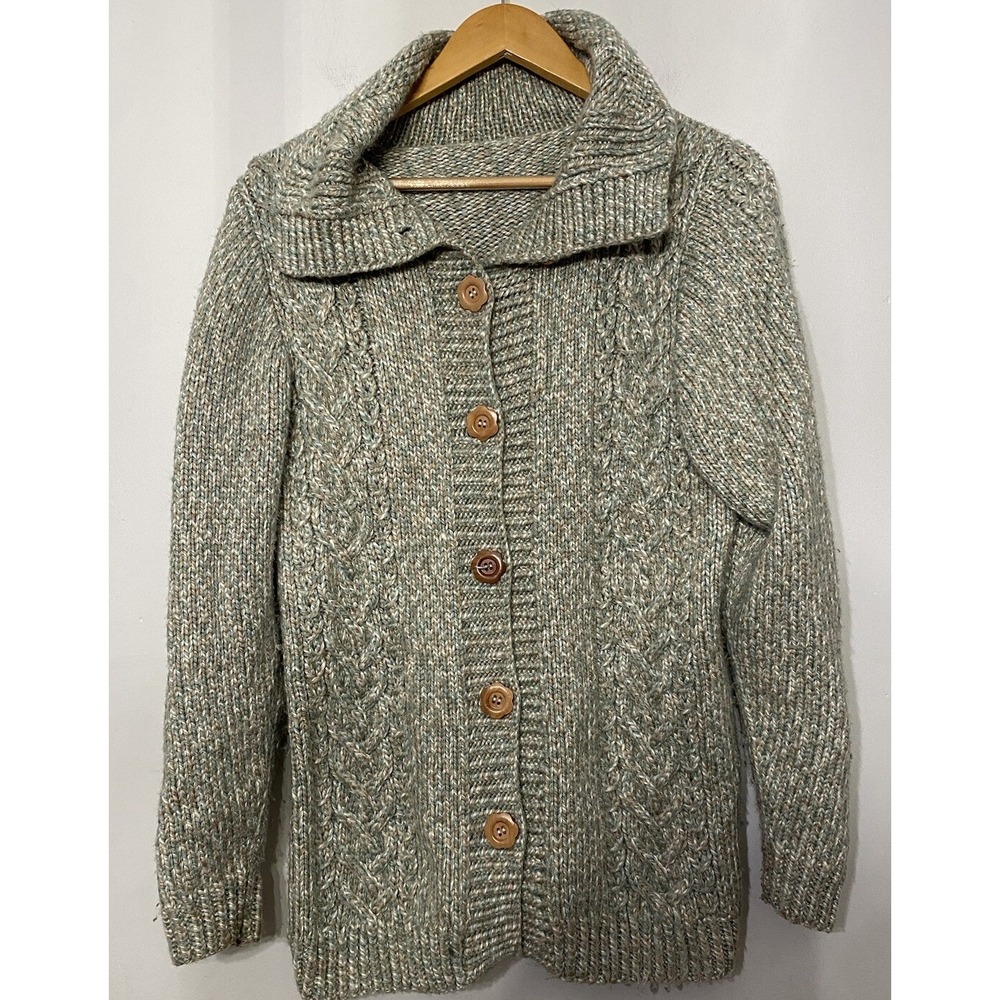 Sweater Women's Collared Cable Knit Flower Button Hippie Boho Fleck Chunky Large